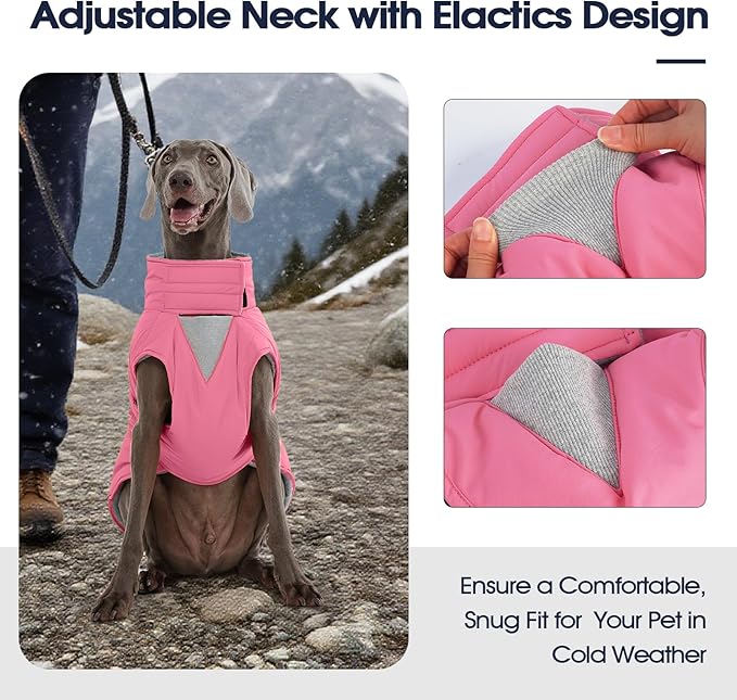 IECOii Dog Coats for Winter - Reflective & Adjustable & Windproof Vest, Quick Release Buckle & Warm Fleece Lined, Waterproof Snow Jacket for Pitbull Walking, Camping, Hiking, Skiing, Pink, Size XL