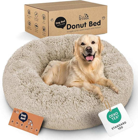 Donut Dog Bed - Premium Comfort for Anxiety Relief - Fluffy & Calming Design with Ultra-Plush Support | Cozy Round Dog Bed with Super Soft Circle Style (Size XL Beige)