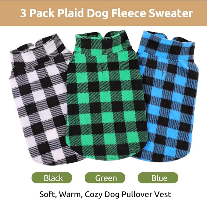 Kama Bridal 3 Pack Dog Coat - Spring, Autumn, Winter - Fleece Vest for Cats & Small/Medium Dogs - Blue, Green, Black Plaid (XS)