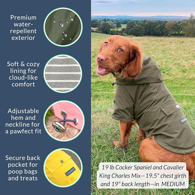 DJANGO Highland Dog Jacket & Raincoat – Water-Repellent, Lined Dog Coat with Hood, Adjustable Fit & Harness Hole – Lightweight Rain & Wind Jacket for Small & Medium Dogs up to 30 lbs (Olive, Small)