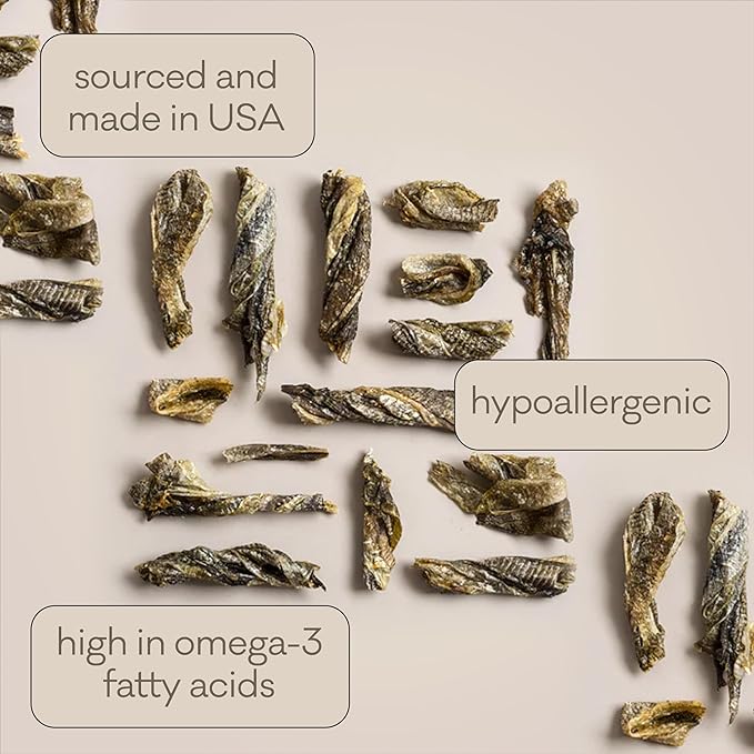 Polkadog Cod Skins for Dogs (2oz Shortie) - Single Ingredient, Wild-Caught Fish Skin Dog Treats for All Breeds – High in Lean Protein & Omega-3. Hypoallergenic, Grain Free. Handcrafted & Made in USA