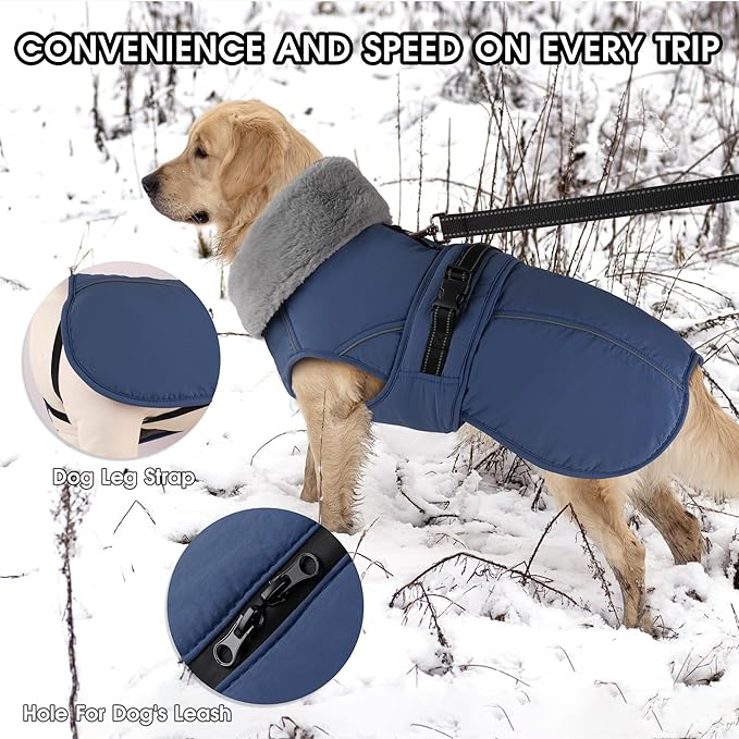 PETDSH Dog Coat Medium, Windproof Dog Jacket with Warm Fleece Lining, Thickened Collar Dogs Winter Coat, Adjustable Reflective Pet Coats for Cold Weather (Navy Blue, Medium)