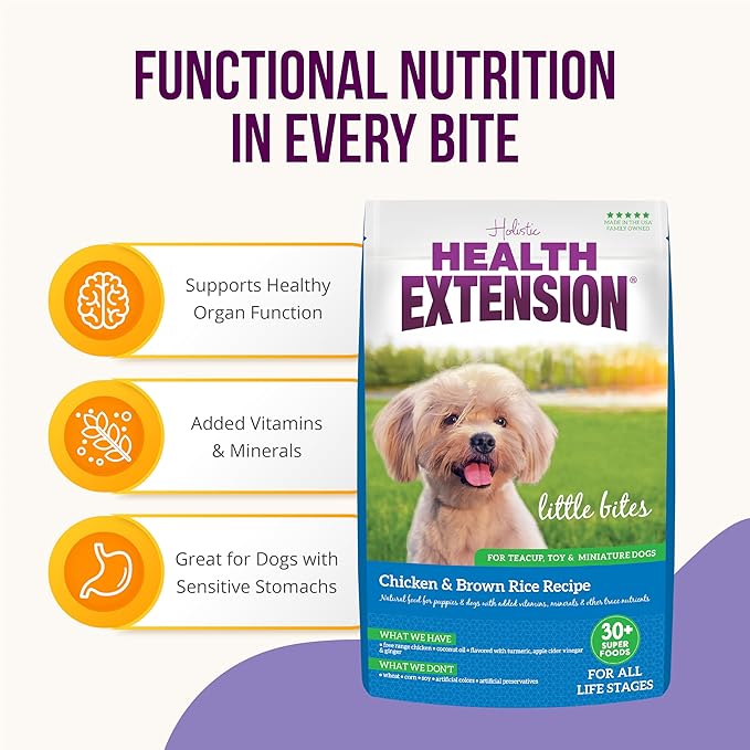 Health Extension Little Bites Dry Dog Food for Small Breeds, Chicken & Brown Rice Recipe, with Probiotics & Superfoods for Digestion & Coat Health, 4 lb bag (Pack of 1)
