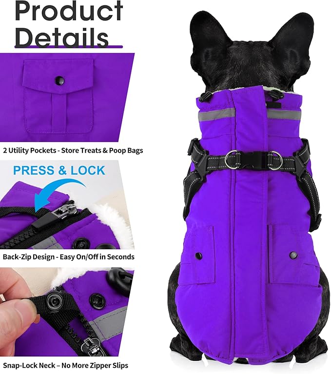 Dogcheer Dog Coat with Harness, Waterproof Warm Dog Winter Jacket with Pockets, Reflective Pet Fleece Jacket Turtleneck Snowsuit for Small Medium Large Dogs - Purple, L