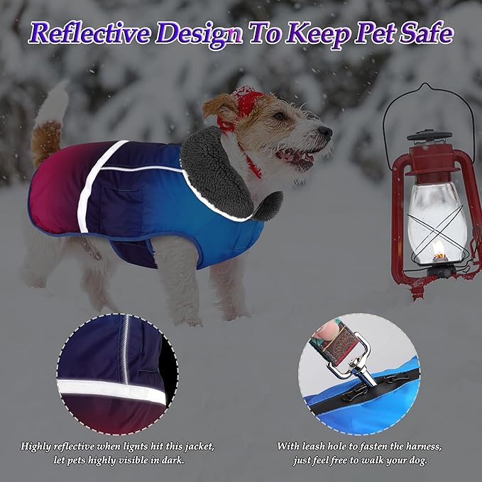 Dogcheer Warm Dog Coat, Waterproof Dog Winter Jacket Christmas Puppy Cold Weather Coats with Buckle, Reflective Adjustable Pet Snow Jacket for Small Medium Large Dogs - Gradient Blue-red, 2XL