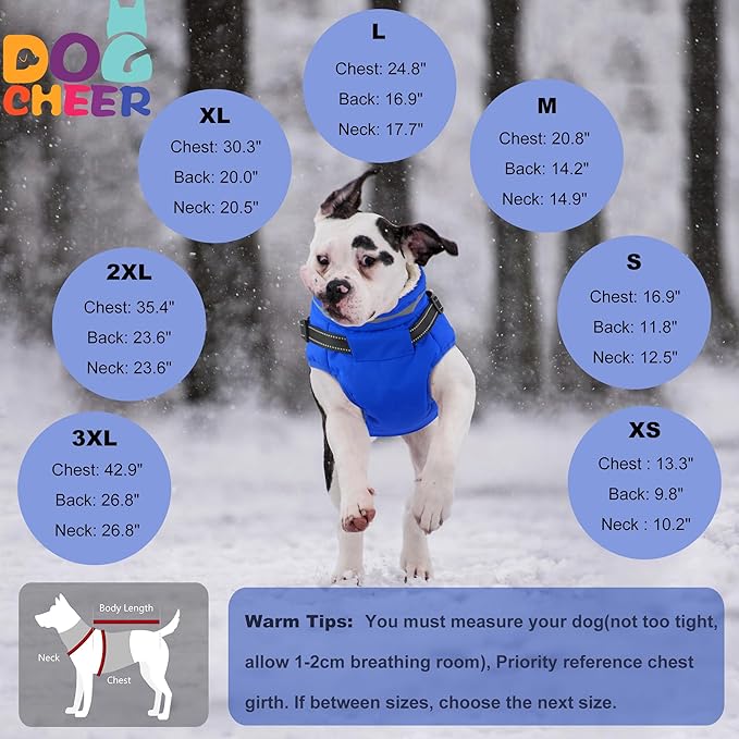 Dogcheer Dog Coat with Harness, Waterproof Warm Dog Winter Jacket with Pockets, Reflective Pet Fleece Jacket Turtleneck Snowsuit for Small Medium Large Dogs - Blue, 2XL