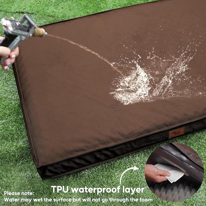 Outdoor Large Washable Dog Bed, Orthopedic Egg Crate Foam Dog Crate Mat for Large Dogs with Removable Oxford Cooling Cover, Brown