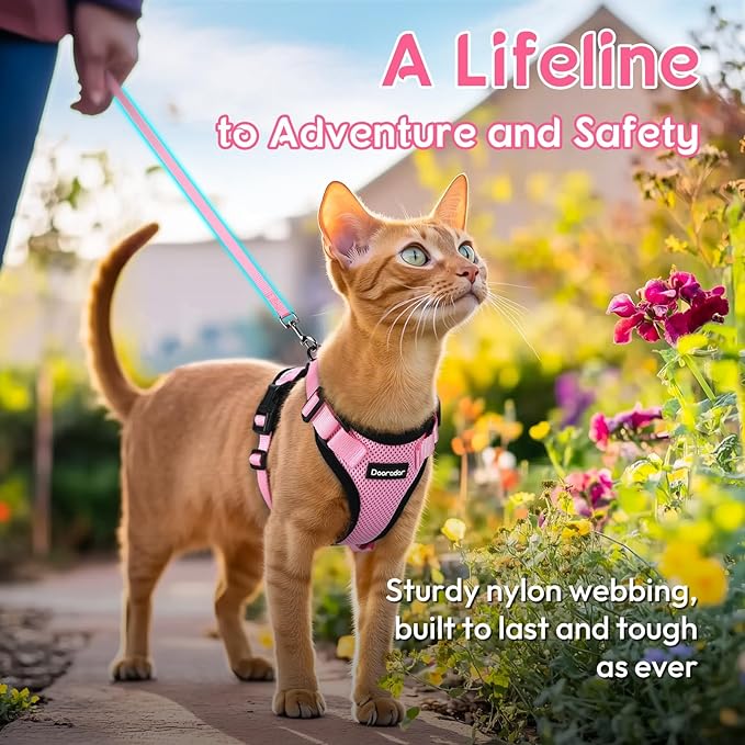 Dooradar Cat Harness and Leash Set, Escape Proof Safe Adjustable Kitten Vest Harnesses for Walking, Easy Control Soft Breathable Mesh Jacket with Reflective Strips for Cats, Pink, M