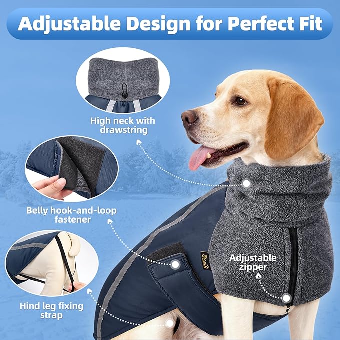 SlowTon Winter Dog Coat, Warm Polar Fleece Lining Doggie Outdoor Jacket with Turtleneck Scarf Reflective Stripe Adjustable Waterproof Windproof Puppy Vest Soft Pet Outfits (L+,Dark Blue)