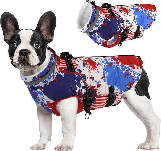 Small Dog Coat with Harness Built-in, Waterproof Reflective Fleece Lined - Warm Windproof Winter Jacket with Back Zipper, Cold Weather Snow Dog Coats - American Flag - XS