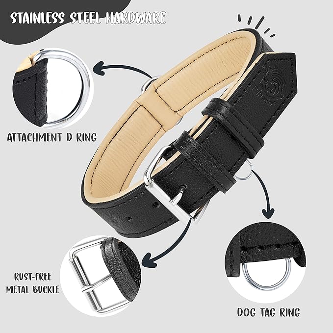 Riparo Leather Dog Collar - Heavy Duty Wide Dog Collar for Small, Medium, Large and Extra Large Dogs with Dog Tag Holder (L: 1.5" Wide for 17"-21" Neck, Black)