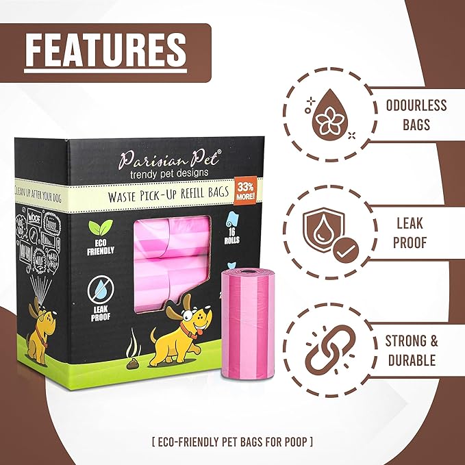 Parisian Pet Ecofriendly Dog Poop Bags Rolls - 320 Count Unscented Poop Bags For Dogs - Leakproof, Extra Thick, 16 Dog Waste Bags Refill Rolls - Striped Pink Doggie Poop Bags - Fits All Dispenser