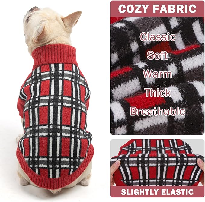 SCENEREAL Turtleneck Dog Sweater for Small Medium Large Dogs Girls Boys, Christmas Plaid Pullover Puppy Sweatershirt, Dogs Cold Weather Outfit Clothes, Ideal Gift for Pet in New Year, Red Plaid M