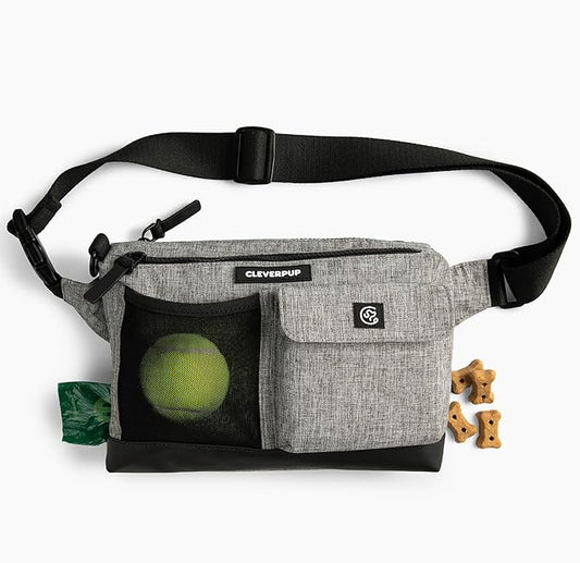 Dog Walk & Train Sling Bag by Cleverpup - Hands-Free 2-In-1 Treat Pouch, Poop Bag Holder, Clicker, Phone Pocket - Crossbody/Fanny Pack, Adjustable Strap - Heather Grey