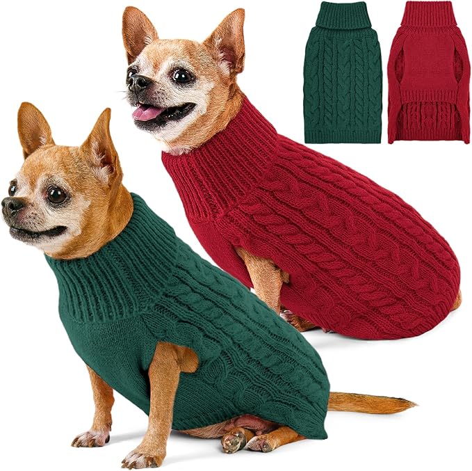 2 Pack Dog Sweaters for Small Dogs Turtleneck Pullover Cable Knit Puppy Stretch Clothes Chihuahua Yorkie Pomeranian Toy Poodle Boy Girl Pets Winter Doggie Clothes (XS, Red & Green)