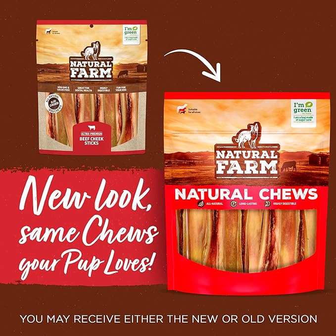 Natural Farm Bully Chips (9-12 Inch, 8 Oz.), Digestible Beef Cheek from Grass-Fed Cows, Non-GMO, Grain-Free, Natural Long-Lasting Dog Chews for Small, Medium & Large Dogs, Great Rawhide Alternative