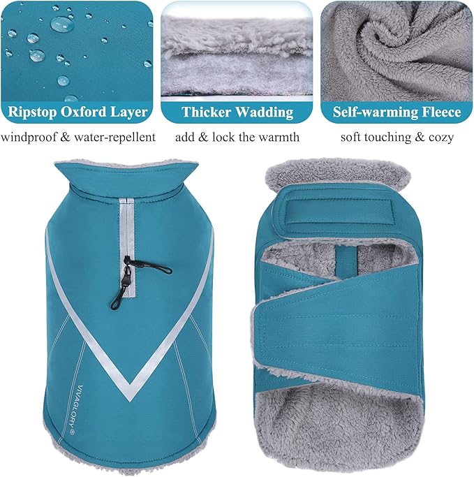 VIVAGLORY Snowrap Dog Coat, Jacket with Harness Hole & Velcro Closure, Dog Coat for Winter & Cold Weather, Fluffy Warm Fleece Lined Reflective Water Resistant for Puppy, XL, Turquoise