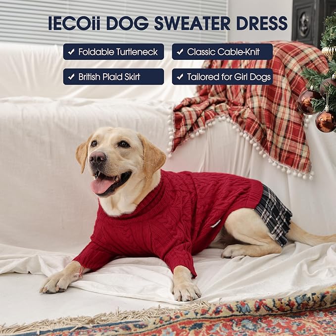 IECOii Girl XXL Dog Sweater Dress, Cozy Cable Knit Dog Sweater for Large Dogs Girl, Red,XXLarge, 2XL Pet Pullover Knitted Dress for Winter, Turleneck with Sleeve, Warm Sweaters for Female Pitbull