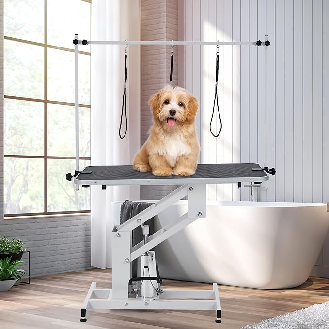 43.3" Hydraulic Grooming Table for Dogs-350LBS Electric Dog Grooming Table,22''-39'' Adjustable Height with Arm & Noose