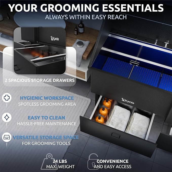 KANIS Black Line Professional Dog Washing Station - 304 Stainless Steel Pet Wash Sink & Grooming Bathtub w/Shower, Floor Grates and Storage for Large, Medium & Small Pets (61", 2 Drawers - Right Ramp)