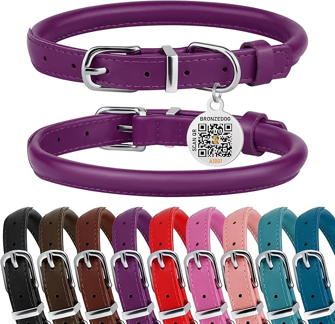 BRONZEDOG Rolled Leather Dog Collar for Small Medium Large Dogs with QR ID Tag… (Plum, XS: 9-11 Inch)