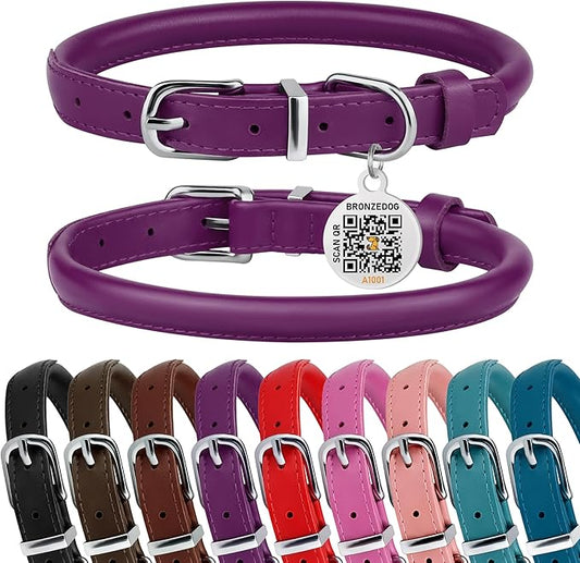 BRONZEDOG Rolled Leather Dog Collar for Small Medium Large Dogs with QR ID Tag (M: 14-16 Inch, Plum)
