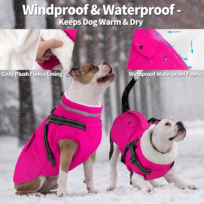 Dogcheer Dog Coat with Harness, Waterproof Warm Dog Winter Jacket with Pockets, Reflective Pet Fleece Jacket Turtleneck Snowsuit for Small Medium Large Dogs - Pink, XS