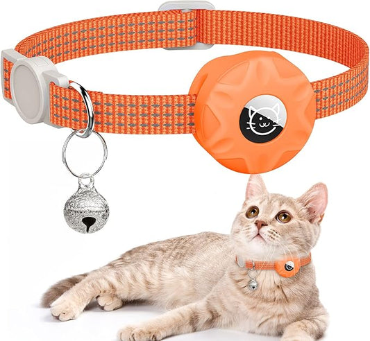 AirTag Cat Collar, Reflective Kitten Collar Breakaway Apple Air Tag Cat Collar, GPS Cat Collar with AirTag Holder and Bell, Lightweight Tracker Cat Collars for Girl Boy Cats Puppies (Orange)