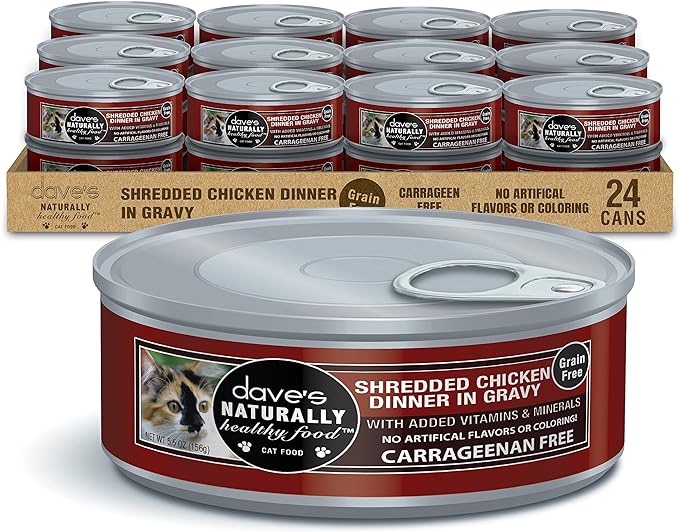 Dave's Pet Food Grain Free Wet Cat Food (Shredded Chicken in Gravy), Made in Canada Naturally Healthy Canned, Added Vitamins & Minerals, Wheat & Gluten-Free, GMO-Free, 5.5oz (24 Pack)