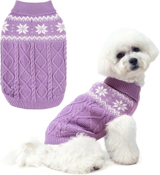 Warm Winter Dog Sweater - Cold Weather Pet Clothes for Small Medium Large Dogs Indoor Outdoor, Soft Classic Knit Puppy Apparel, Purple, S