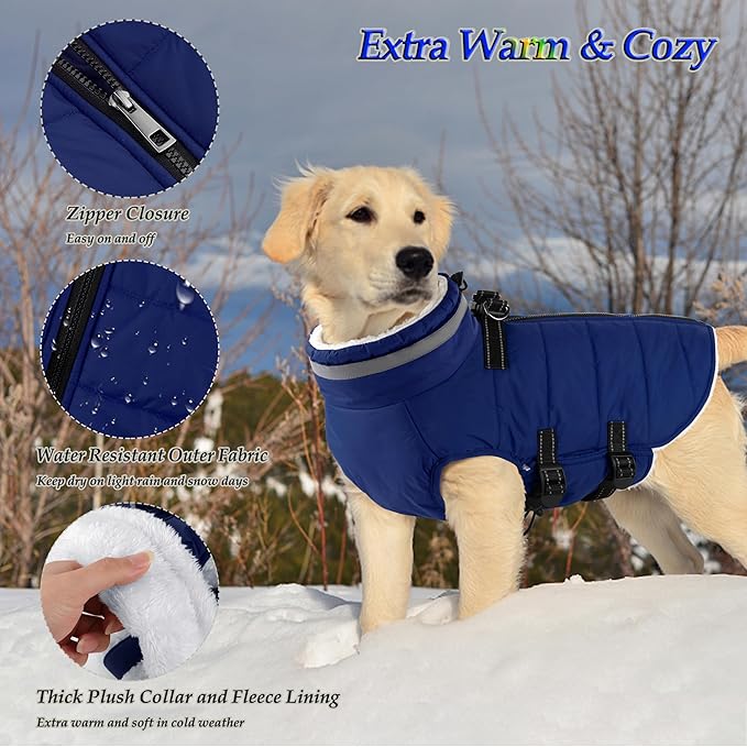 Dogcheer Dog Coat, Waterproof Dog Jacket with Harness, Reflective Adjustable Puppy Winter Coat with Zipper, Christmas Snow Jacket Clothes for Small Medium Large Dogs - Blue 2XL
