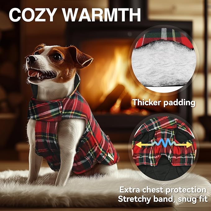 VIVAGLORY Softjoy Dog Coat, Dog Jacket for Winter & Christmas, Coat with Harness Hole & Velcro Closure, Reversible Plaid Checkered Warm Fluffy Heavy Duty for Puppy, XS, Red