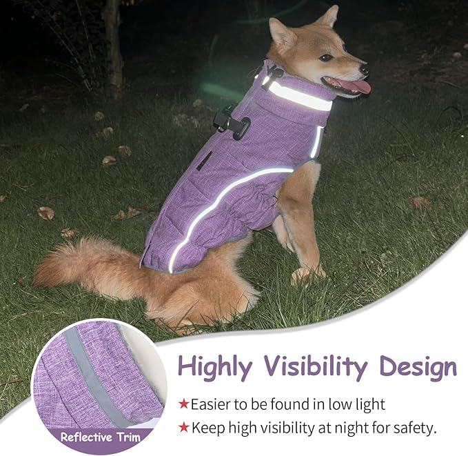 Malier Dog Coat, Reflective Dog Jacket Waterproof Windproof Puppy Cold Weather Coats with Harness Built in, Winter Extra Warm Pet Coat Fleece Vest for Small Large Pets and Puppy (Purple, Large)