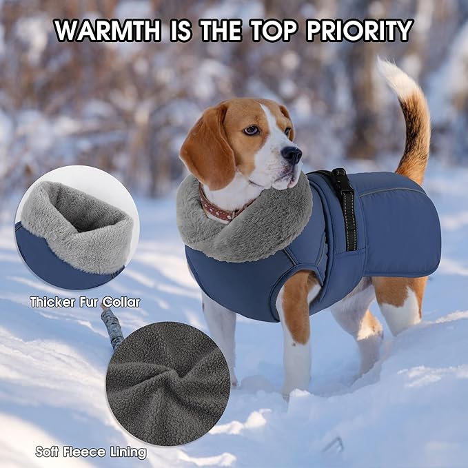 PETDSH Dog Coat Large, Windproof Dog Jacket with Warm Fleece Lining, Thickened Collar Dogs Winter Coat, Adjustable Reflective Pet Coats for Cold Weather (Navy Blue, Large)