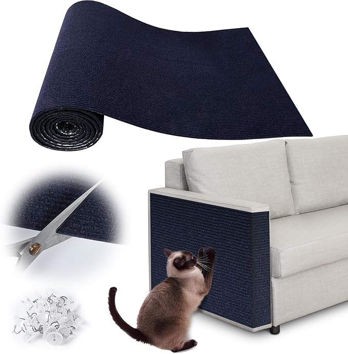 Cat Scratch Furniture Protector - 100" x 13.8" Trimmable Self-Adhesive Cats Claws Scratch Pads, DIY Cat Climbing Couch Protector for Scratch Post Cat Tree Replacement Indoor (Dark Blue)