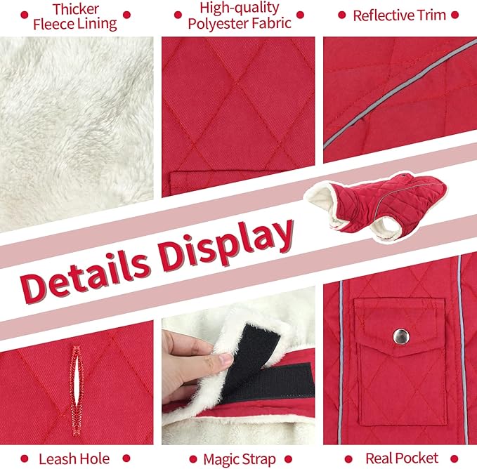 Malier Dog Winter Coat, Windproof Dog Cold Weather Coats with Real Pocket, Winter Extra Warm Pet Coat Fleece Jacket Reflective Clothes for Small Medium Large Dogs and Puppy (Red, Small)