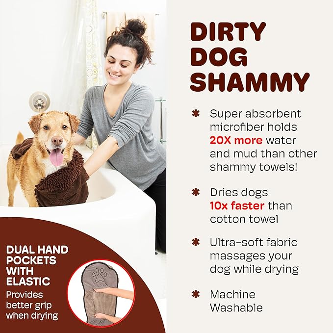 Dog Gone Smart The Dirty Dog Shammy - Fast Drying Plush Shammy Towel with Dual Hand Pockets and Elastic - Super Absorbent Microfiber and Machine Washable - Brown