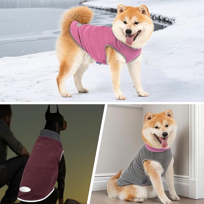 cyeollo 2 Pack Fleece Dog Sweater with Reflective Stripe Pullover Sweatshirt Stretchy Lightweight Sweaters Dog Clothes Coats for Small Dogs Girl Size M Pink & Grey