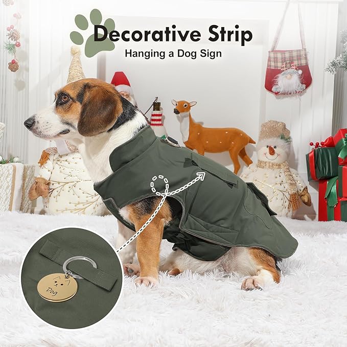 Workwear Style Dog Coats with Harness Built in for Small Dogs Windproof Warm Puppy Jacket with Storage Pockets for Cold Winter,Green XL