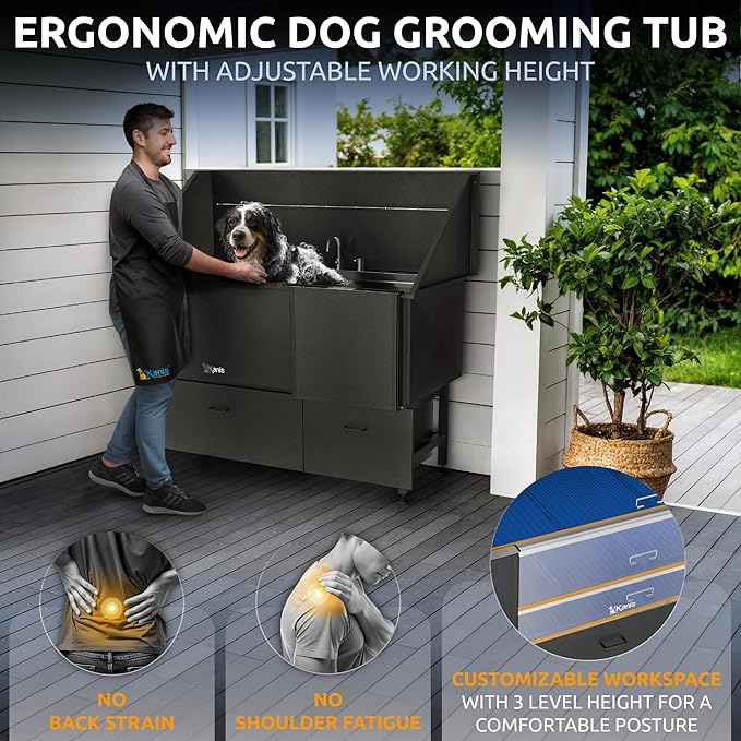 KANIS Black Line Professional Dog Washing Station - 304 Stainless Steel Pet Wash Sink & Grooming Bathtub w/Shower, Floor Grates and Storage for Large, Medium & Small Pets (61", 2 Drawers - Right Ramp)