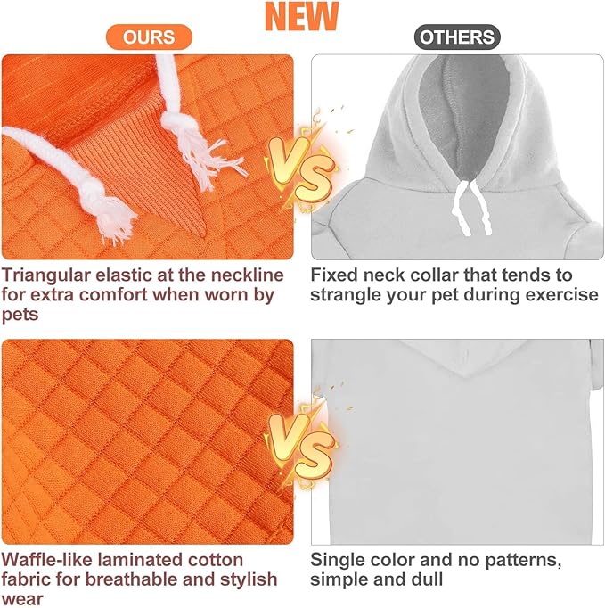 BEAUTYZOO Small Dog Hoodie Sweater with Pockets, Dog Clothes for Small Medium Dogs Boy Girl, Waffle-Like Laminated Cotton Pet Coats with Hat and Leash Hole, Orange L