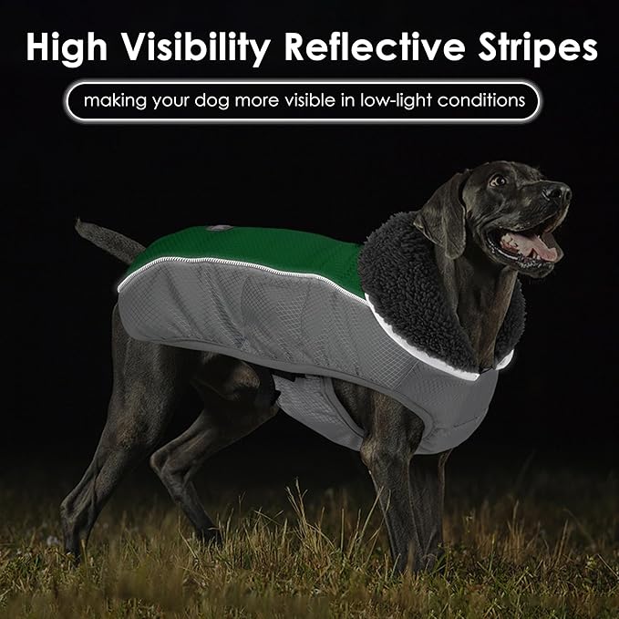 Dog Coat, Waterproof Ripstop Dog Winter Jacket with Leash Hole, Reflective Adjustable Warm Pet Fleece Snow Sweater for Small Medium Large Dogs - Green, 3XL