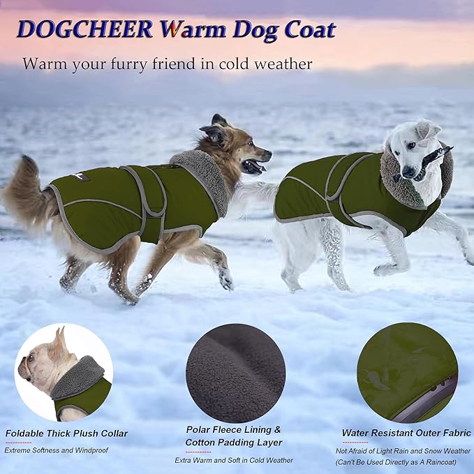 Dogcheer Dog Coat, Waterproof Dog Jacket Reflective Pet Winter Coat with Adjustable Hook & Loop, Christmas Puppy Fleece Jacket Warm Turtleneck Snowsuit for Small Medium Large Dogs - Green, L