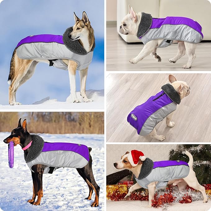 Dog Coat, Waterproof Ripstop Dog Winter Jacket with Leash Hole, Reflective Adjustable Warm Pet Fleece Snow Sweater for Small Medium Large Dogs - Purple, XL