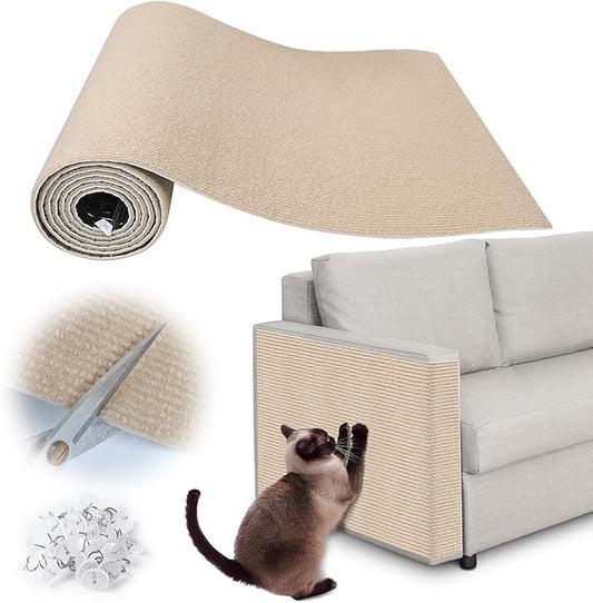 Cat Scratch Furniture Protector - 118" x 17" Trimmable Self-Adhesive Cats Claws Scratch Pads, DIY Cat Climbing Couch Protector for Scratch Post Cat Tree Replacement Indoor (Khaki)