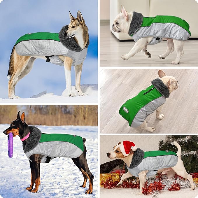 Dog Coat, Waterproof Ripstop Dog Winter Jacket with Leash Hole, Reflective Adjustable Warm Pet Fleece Snow Sweater for Small Medium Large Dogs - Green, M