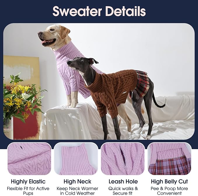 IECOii Girl XXL Dog Sweater Dress, Cozy Cable Knit Dog Sweater for Large Dogs Girl, Purple,XXLarge, 2XL Pet Pullover Knitted Dress for Winter, Turleneck with Sleeve, Warm Sweaters for Female Pitbull