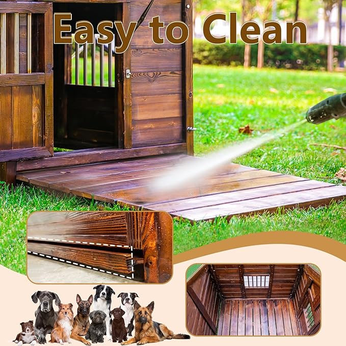 Outdoor Dog House, Solid Pine Wood Dog House with Waterproof Roof, Small Pet House with Elevated Floor and Window for Small Medium Dog, L