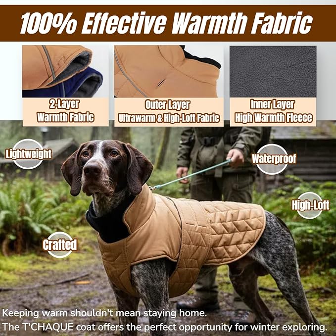Upgraded Outdoor Classic Quilted Dog Winter Coat, Waterproof & Ultra Warmth Coat for Tiny Small Dogs, Easy On & Off Jacket with Adjustable Velcro, Thick Puppy Clothes for Chihuahua Yorkshire(Khaki,XS)