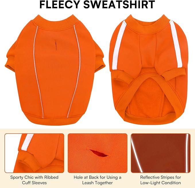 Queenmore Cozy Fleece Dog Sweater XL, Soft Pullover Dog Sweatshirt, Warm Winter Fleece Jacket with Leash Hole/Reflective Stripes for Small Medium Large Dogs Orange
